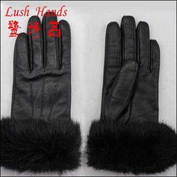 Fashion Lady leather glove wth rabbit Fur and back of three lines