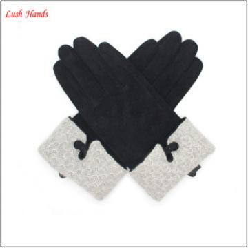 hot sales women&#39;s pigsuede leather gloves with kintted details