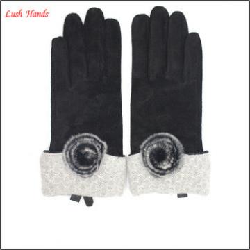 Fashion lady black pigsuede leather gloves with a fuzzy ball