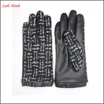 fashion sheep leather and black and white fabric women touchscreen leather gloves