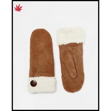 women wholesale brown suede double face mittens with button