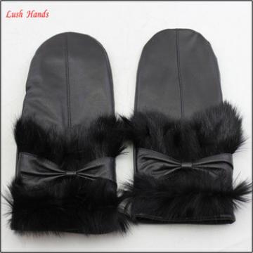 2016 ladies winter gloves leather black mittens with fur