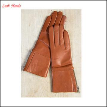 Ladies brown long soft nappa leather gloves with zipper for winter