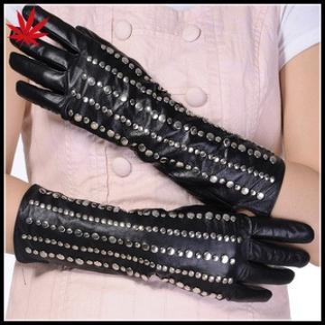 Women&#39;s black long leather gloves with fashion studs