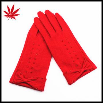 Women Simplex Beading Cuff Red Wool Knitted Glove