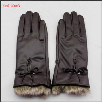 cheap fashion faux rabbit fur cuff PU leather glove women