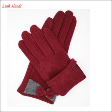 Lady&#39;s high quality winter warm red woolen gloves with bow