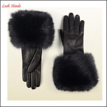 sexy women wearing fashion fox fur cuff genuine leather glove