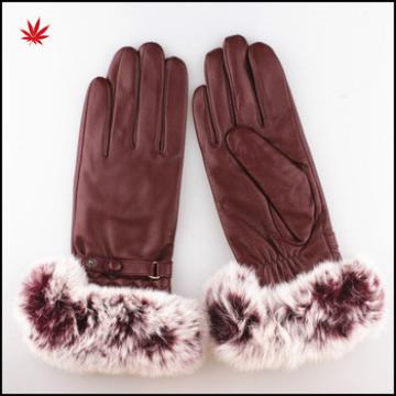 Rabbit fur trim leather gloves for women genuine fur