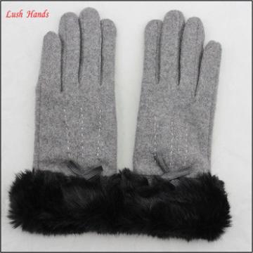 ladies winter cheap grey woolen hand gloves with fake fur