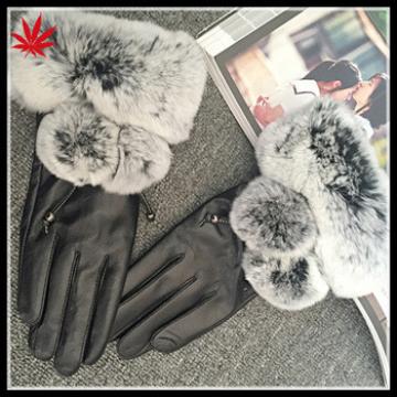 Ladies leather gloves with rabbit fur trim to make you warm