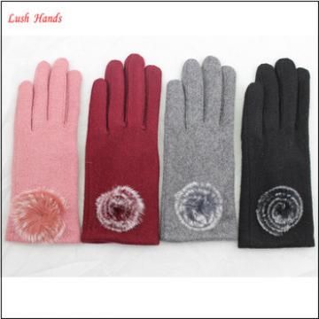Ladies fashion warm woolen gloves with rabitt fur ball for wholesale