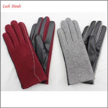 ladies simple grey and red woolen and PU leather hand gloves women