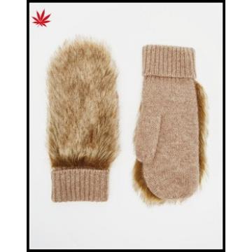 Ladies wholesale brown winter knitting mittens with horse hair