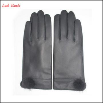 ladies winter driving black leather hand gloves with ball top