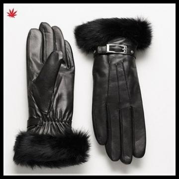 real rabit fur cuff PU gloves for women