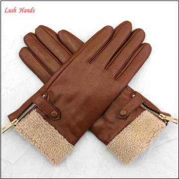 Christmas 2015 best-selling model Brown leather gloves with golden zipper and fake bur fashionable ladies gloves