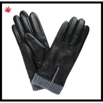 Ladies&#39; fashion leather gloves with exquisite knit cuff, made with semi-aniline hairsheep