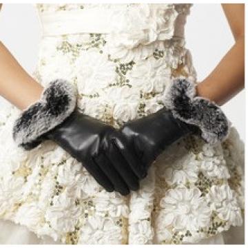2016 new type ladies black sheepskin leather gloves with rabbit fur on cuff