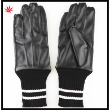 men&#39;s fashion warm black PU gloves with Knitting looping