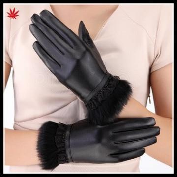 women wearing black patent rabbit fur leather glove