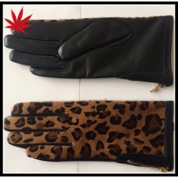 Ladies fashion leather gloves with real pony(horse) hair on the back and side zipper