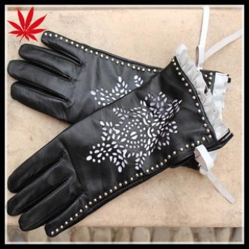 Fancy leather gloves women with engraving laser and studs