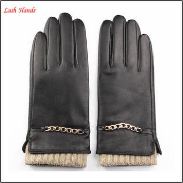 Lady knit wool cuff leather gloves with metal chain