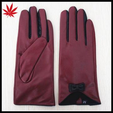 Dark red bow cuff fashion thinsulate ladies lambskin leather gloves