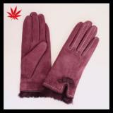 Women fashion double face fur lined leather gloves mittern with bow