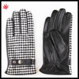 fashion PU men grid cloth stitching leather gloves with belt buckle
