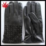 Black leather gloves for men with weaving at back