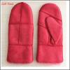 Women Red colour double face mitten leather gloves with visable seam