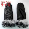 2015 top selling lady&#39;s leather mitten with rabbbit fur gloves