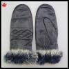 rabbit fur cuff women wearing warm winter mittens leather gloves