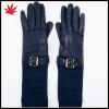 Lady navy blue long leather gloves splice customized knit wool