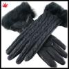 lady&#39;s fashion knitting splicing black leather gloves with fur