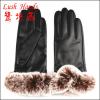 women black sheepskin leather gloves with brown rabbit fur