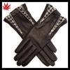 Double Zip and Houndstooth Black Leather Gloves for women