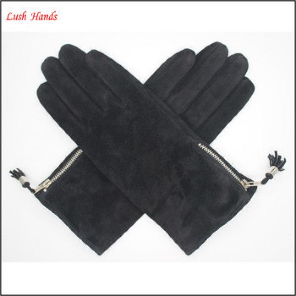 2016 lady&#39;s black pig suede gloves with tassels on gloves side #1 image