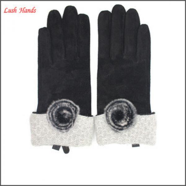 Fashion lady black pigsuede leather gloves with a fuzzy ball #1 image