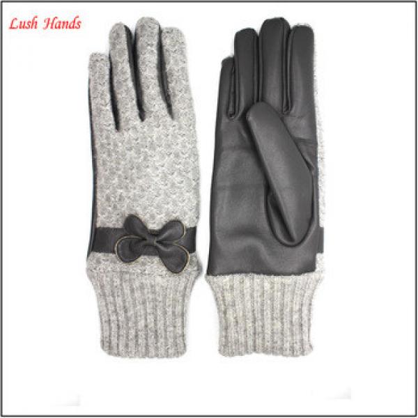 Grils woollen gloves palm grey sheepskin leathergloves with bow details #1 image
