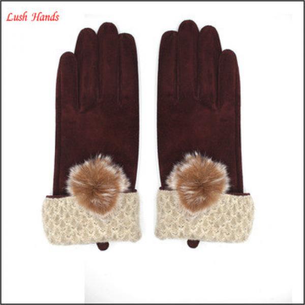 High quality pig suede leather fashion gloves with a fuzzy ball #1 image