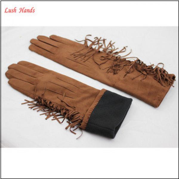 ladies suede brown long leather hand gloves with tassel #1 image