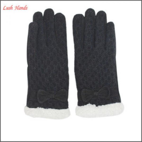 women&#39;s black leather gloves back of hand knitting, palms pig suede #1 image