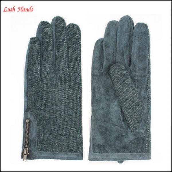 fashion ladies back dark green fabric and palm sheep suede gloves with side zipper #1 image