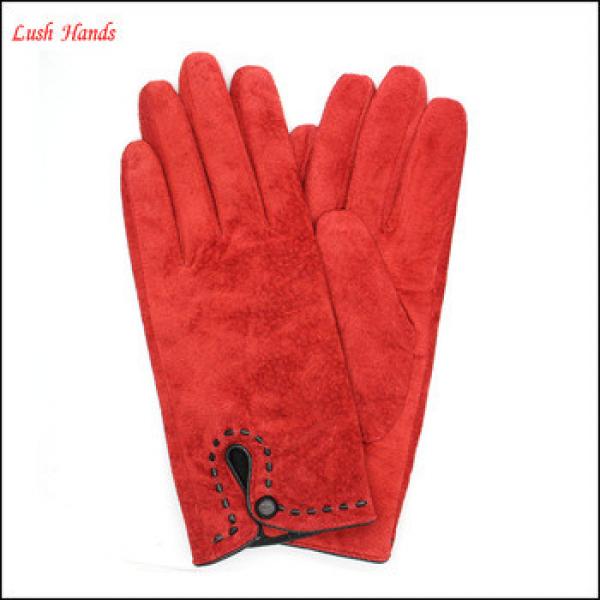 Basic and classic ladies Red sheep suede gloves with black button #1 image