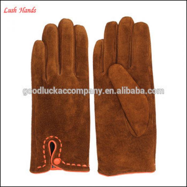 Ladies touch screen Brown pigsuede gloves with button details #1 image