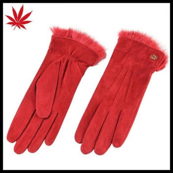 Winter fashion warm red pig suede velvet Rabbit fur leather gloves #1 image