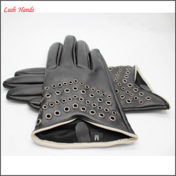 2017 women short style black driving PU leather gloves with rivet air hole #1 image
